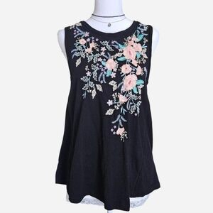 Sleeveless Black Floral Embroidered Women’s Tank Top